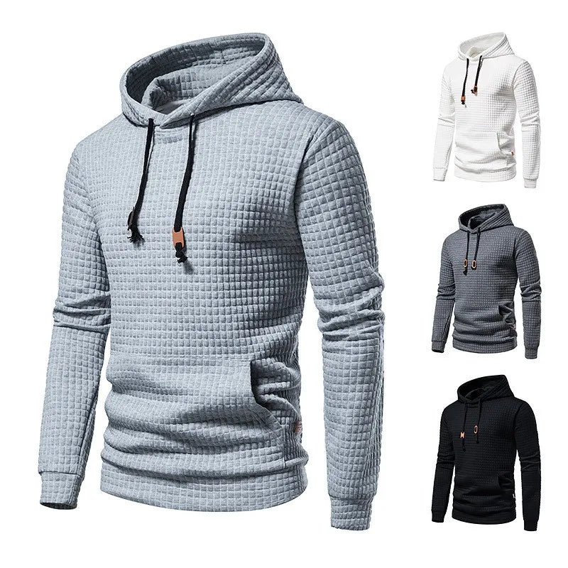 2024 new men's casual large pocket pullover, small checkered jacquard sweatshirt, checkered hoodie, fashionable sportswear