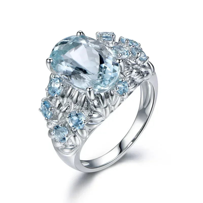 Fashionable 925 silver ring blue blue stone topaz finger ring retro ring men and women wedding ring party accessories