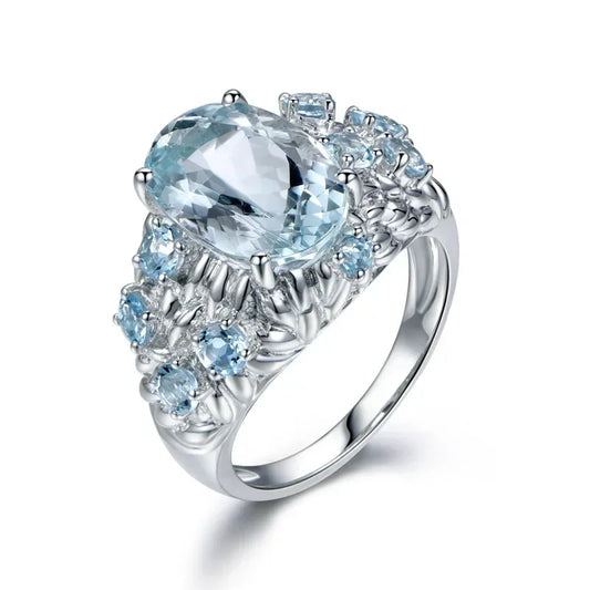 Fashionable 925 silver ring blue blue stone topaz finger ring retro ring men and women wedding ring party accessories