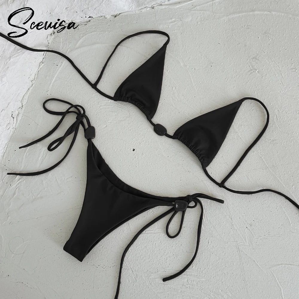2025 New Sexy Low Waist Bikini Sets Swimsuit Solid Swimwear Women Strappy Bathing Suit Beachwear Brazilian Halter Female biquini