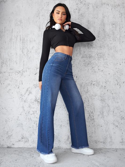 New Temperament High-waisted Wide-leg Jeans. Four Seasons Fashionable,simple,comfortable and Casual Straight-leg Jeans for Women