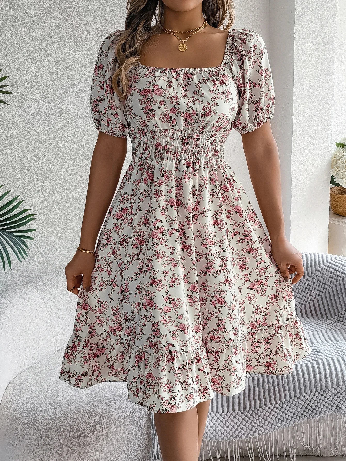 Casual Square Neck Shirred Waist Floral Print Short Sleeve Ruffle Hem Dress For Summer, Women's Clothing