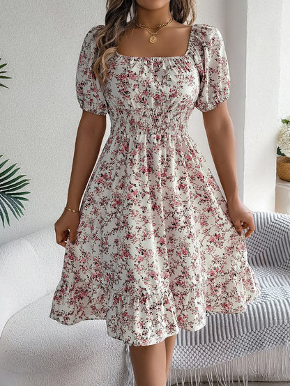 Casual Square Neck Shirred Waist Floral Print Short Sleeve Ruffle Hem Dress For Summer, Women's Clothing