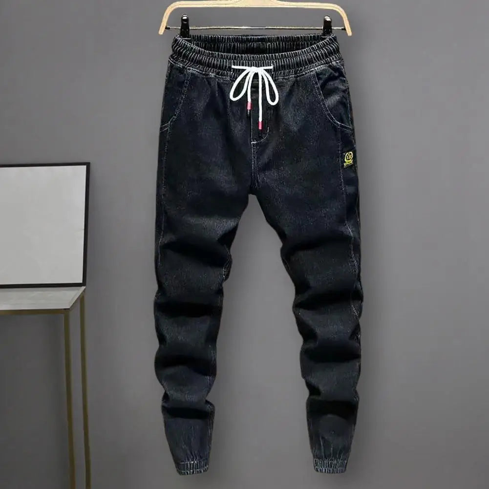 Trendy Men Jeans Elastic Waist Streetwear Bottoms High Waist Ankle Tied Harem Pants