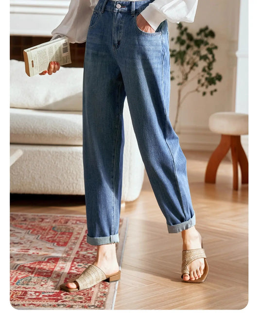 OLrain Vintage Washed Jeans Woman 2025 Spring Summer Fashion Cotton High-waist Pockets Denim Femlae Pencil Pants O24QA83358