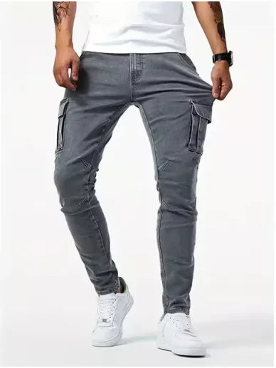 2025 Street Elastic Jeans Men Denim Cargo Pants Wash Solid Color Multi Pockets Casual Mid Waist Trousers Slim Daily Wear Joggers