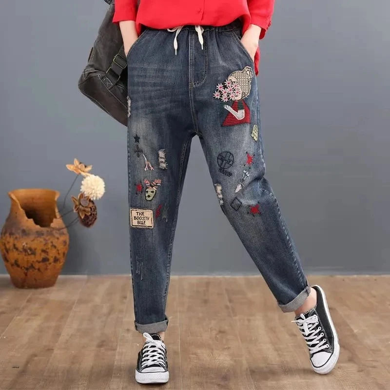 y2k Embroidery Ankle-Length Baggy Jeans Elastic High Waist Capris Lace Up Harem Denim Pants Women Vaquero Oversized 4xl Pantalon