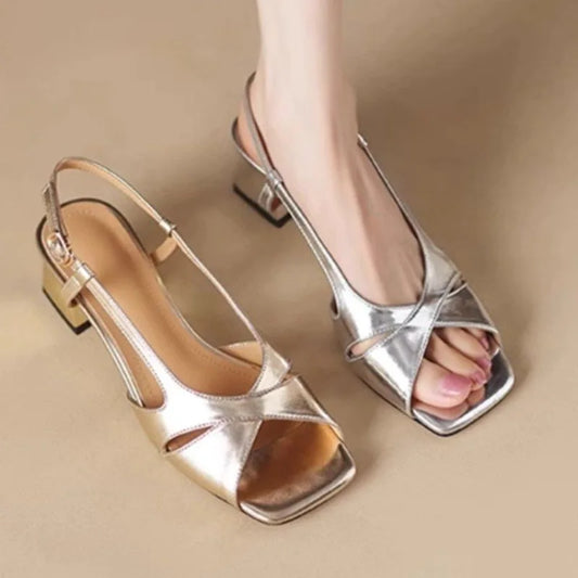 Female Shoes  Solid Brand One-word Buckle Women' Square Toe Sandals Summer Open Toe Chunky Heels Dress Sandals