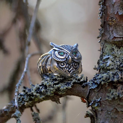 Retro Green Eye Owls Ring For Men Silver Color Punk Gothic Adjustable Ring Handmade Rock Hiphop Biker Jewelry Accessories Gift