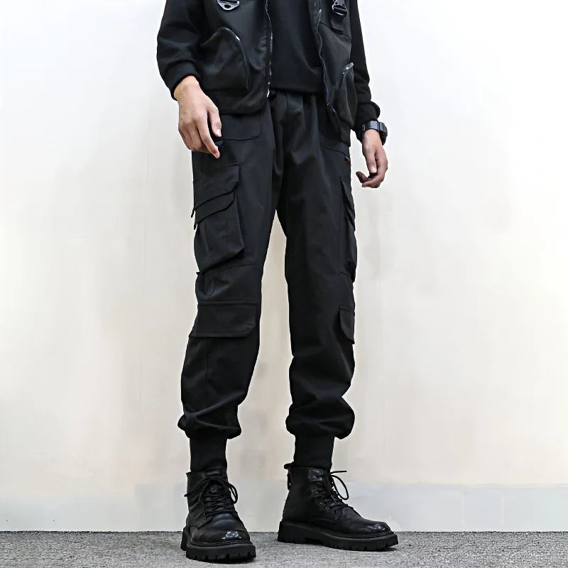 ARENS Multi Pockets Solid Color Casual Cargo Pants Mid-Rise Elastic Waistband Drawstring Shrinkable Cuffs Men Sweatpants