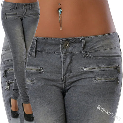 New Fashion Mid Rise Jeans Zipper Women Slim Fit Pleated Small Foot Pencil Pants for Women