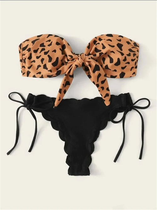 Beach Bikini 2024 Woman Sexy Front Lace Up Tie Bandeau Leopard Swimsuit Female Push Up Ruffled Bow Bathing Suit Thong Swimwear