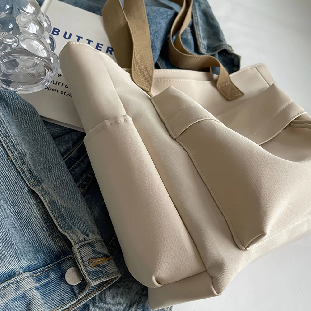 Nylon Tote Bag with Multiple Pocket Lightweight Foldable Design for Office Commute Shopping Fitness Storage Handbag Shoulder Bag