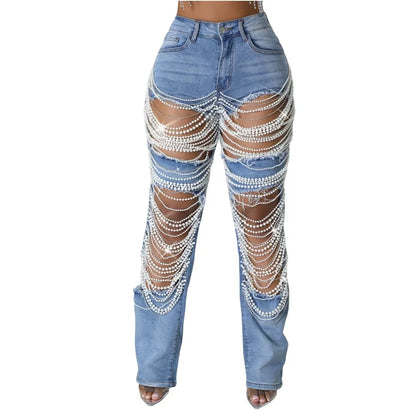 Spice Girl Summer Pants Ripped Heavy Industry Beaded Elastic Trousers  Fashion Personality Jeans