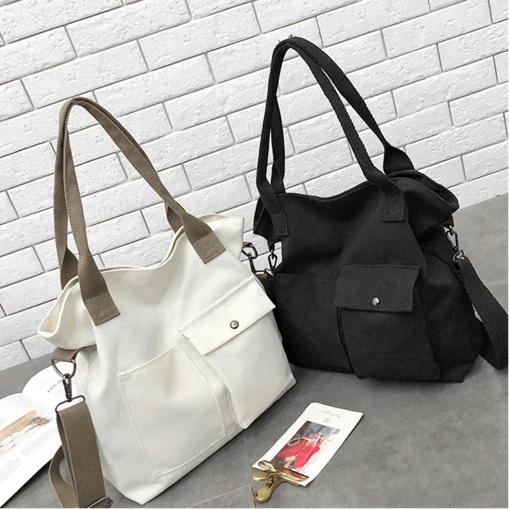 Fashion Canvas Bags Students Handbag Shoulder Bag Large Capacity Solid Color Totes Shopper Bag Casual Female CrossBody 2024