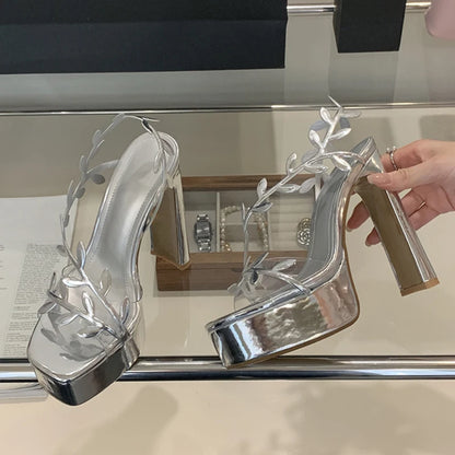 Liyke Summer Fashion Patent Leather Gold Leaf Women Sandals Elegant Square Toe Platform High Heels Wedding Banquet Shoes Size 42