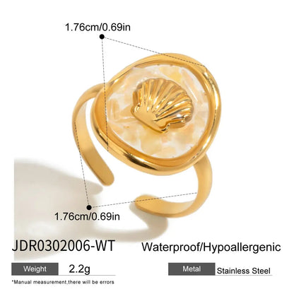Zora Women's Boho Style Oil Drop Crushed Shell Ring 18K Gold-plated Stainless Steel Oval Starfish Open Ring waterproof Jewelry