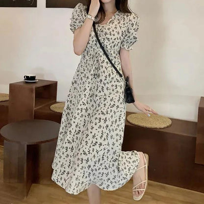Elegant Floral Midi Dress for Women Korean Chic Printed V-neck Long Dress Female 2023 New Summer Short Sleeve Dresses