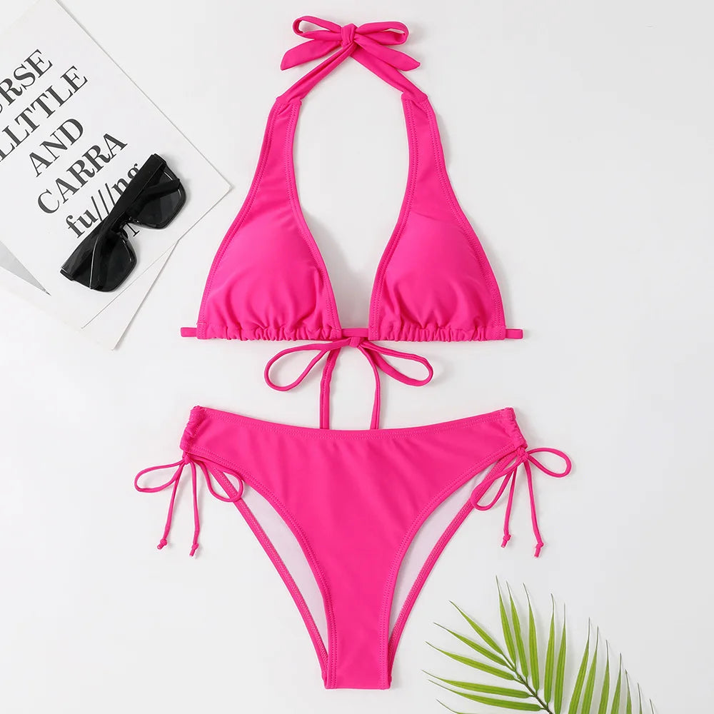 2025 Sexy Halter Bikini Swimsuit Low Waisted Black/Red/Rose Beach Bathing Suit Cheap Bandage Brazilian Swimwear Two Pieces Sale
