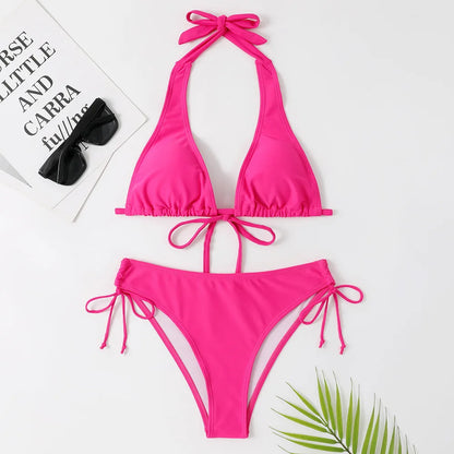 2025 Sexy Halter Bikini Swimsuit Low Waisted Black/Red/Rose Beach Bathing Suit Cheap Bandage Brazilian Swimwear Two Pieces Sale
