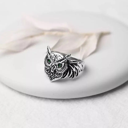 Retro Green Eye Owls Ring For Men Silver Color Punk Gothic Adjustable Ring Handmade Rock Hiphop Biker Jewelry Accessories Gift