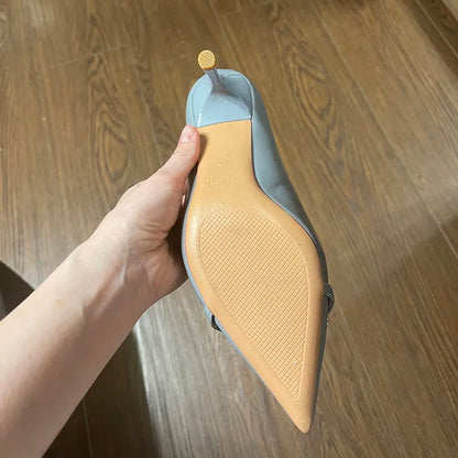 Women 7cm High Heels Pumps Lady Scarpins Fetish Nightclub Blue Nude Low Heels Wedding Party Metal Chain Buckle Fetish Prom Shoes