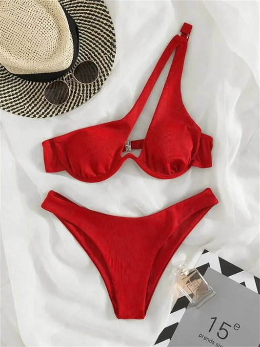 Sexy One Shoulder Bikini Set 2025 Women Red Black Push Up Underwire Micro Swimsuit Brazilian Cut Out Bathing Suit Thong Swimwear