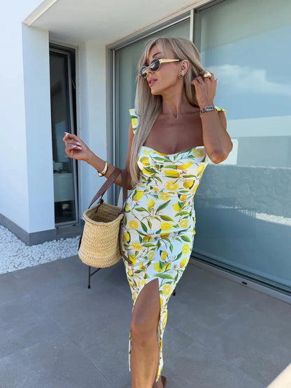 New European and American summer elegant design French lemon suspender slit midi-length ladies dress