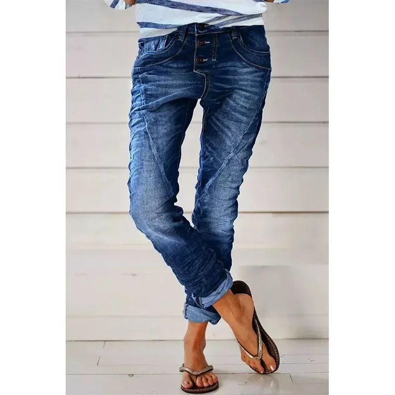 Jeans Denim Pants Capris 2025 Women Vintage Elastic Waist Long Flare Pants High Waist Slim Work Summer Blue Elegant Jeans Capris