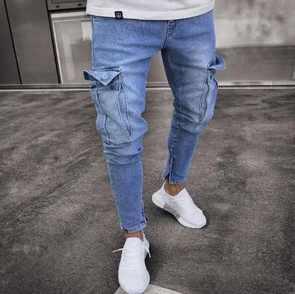 Men Jeans Washed Pencil Pants Mid Waist Denims Vintage Pockets Button Zipper Fly 2025 Casual Basics Ankle Length Trousers Man