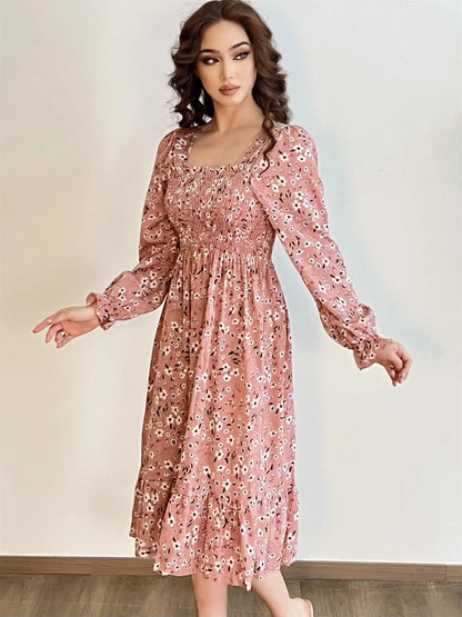 Long Sleeve Casual Dress Women Chiffon Dresses Autumn Spring A-line Printed Floral Elastic Chest Lace Up Midi Dresses Vestidos
