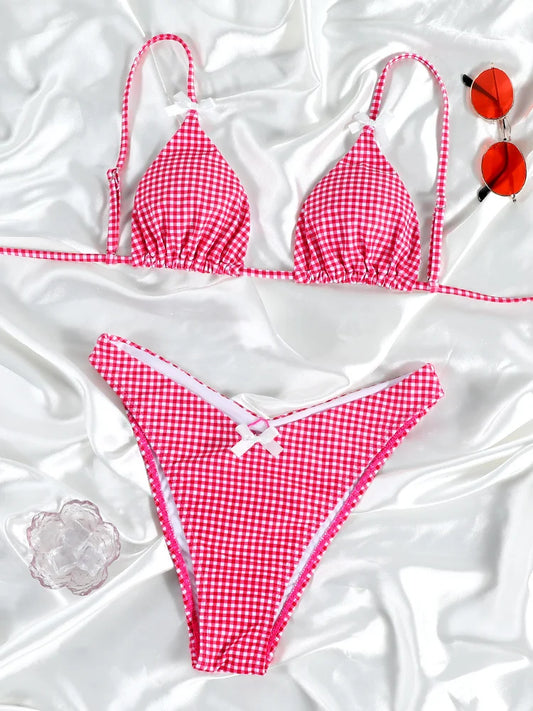 Push Up Bikini Set Bow Swimwear Women Plaid Bikinis String Beachwear Two Piece Suit Biquini Bandage Bathing Suit
