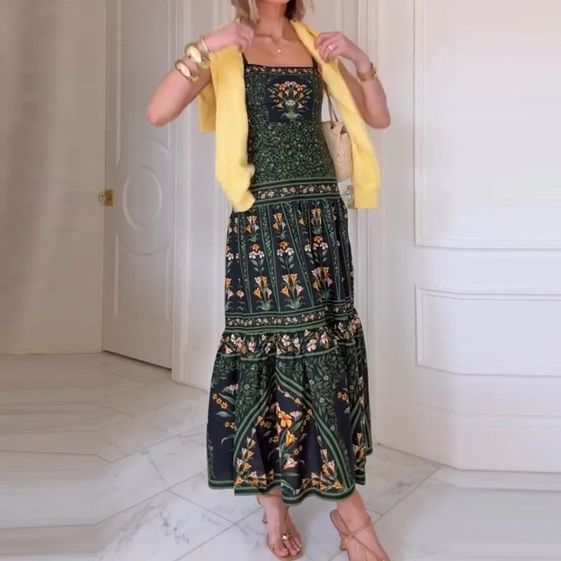 Spring Summer Floral Print Pleated Long Dress Women Sexy Slash Neck Backless Suspen Dress New Ladies Sleeveless Loose Boho Dress