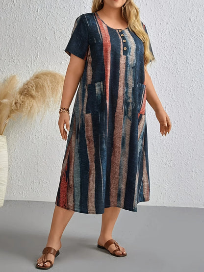 Plus-size women's multi-colored sleeveless round-neck printed dress, suitable for spring/summer/fall - oversized turtleneck styl