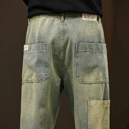 Jeans Men Loose Fit Retro Blue 2024 Spring Wide Leg Pants Denim Trousers Korean Style Fashion Side Pocket Male Baggy Pants