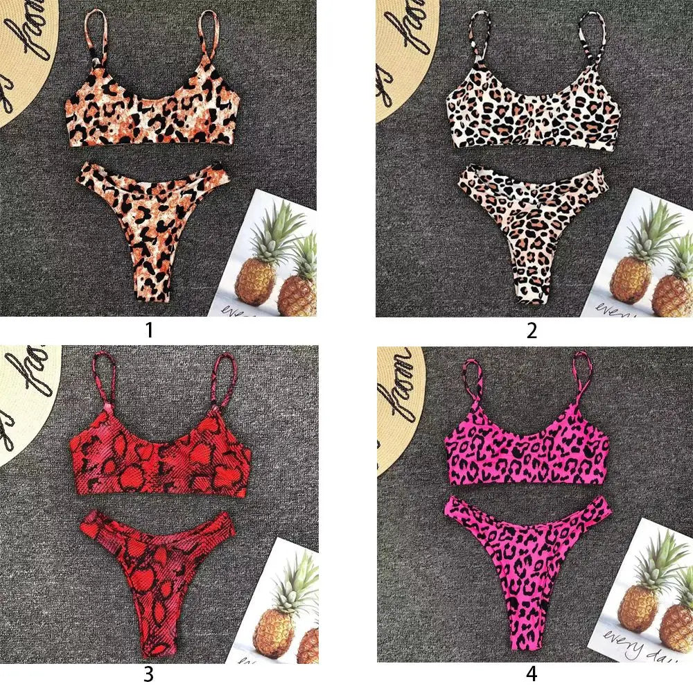 Vacation Low Waist Two Piece Sexy Bikini Set Leopard Print Swimsuit Split Swimwear