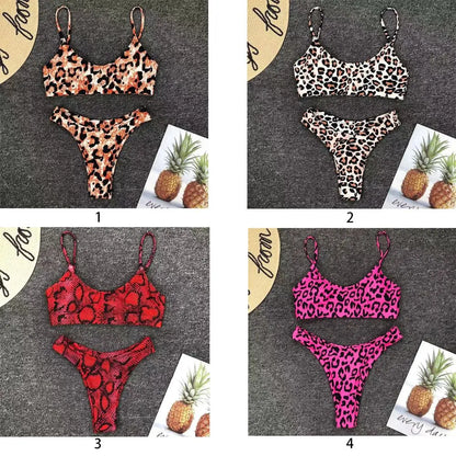 Vacation Low Waist Two Piece Sexy Bikini Set Leopard Print Swimsuit Split Swimwear