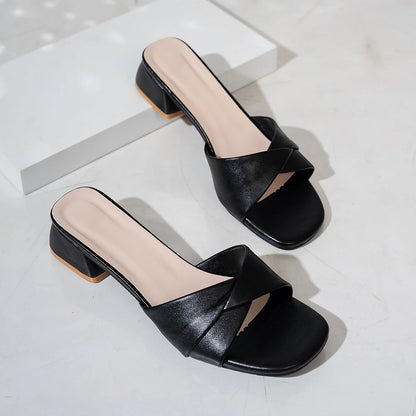 Summer New Fashion Open Toe Solid Color Simple Leather Surface Versatile Candy Color Large Slippers Square Heel Shoes Women