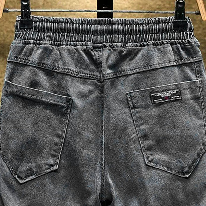 Trendy Men Jeans Elastic Waist Streetwear Bottoms High Waist Ankle Tied Harem Pants