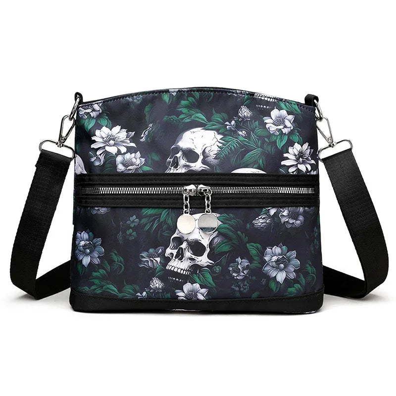 Fashion Flower Skull Pattern Crossbody Bags For Women, Large Capacity Casual Graffiti Shoulder Bag For Halloween Gift