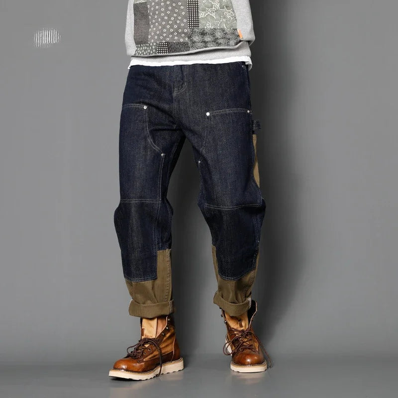 Four Seasons New Men's American Straight Jeans Pants Loose Casual Trendy Multi Pocket Spliced Denim Trousers Male Streetwear