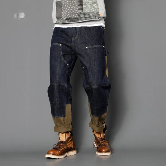 Four Seasons New Men's American Straight Jeans Pants Loose Casual Trendy Multi Pocket Spliced Denim Trousers Male Streetwear
