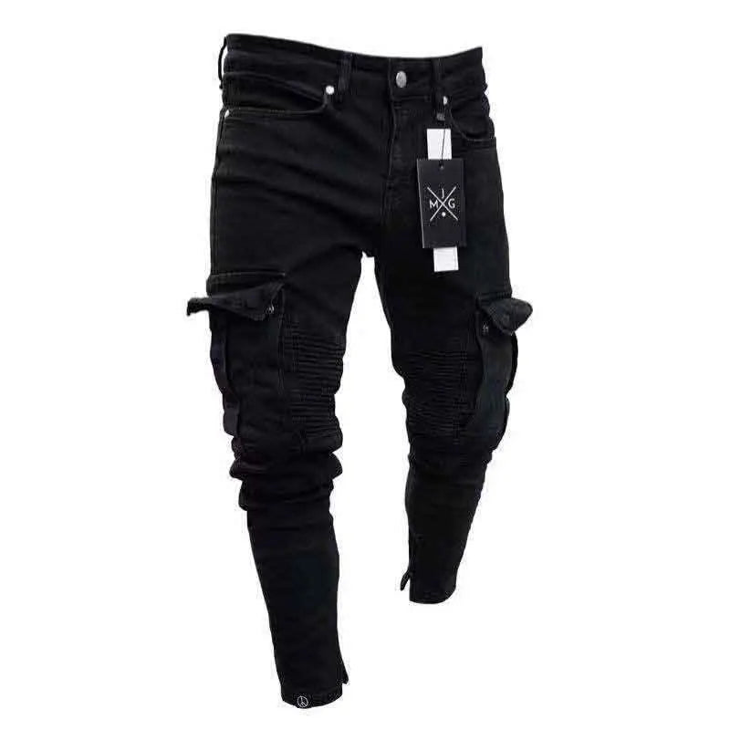Men's Black Side Many Pockets Cargo Jeans Fashion Hole Zipper Small Foot Denim Pants Cotton Elastic Jogging Trousers Streetwear