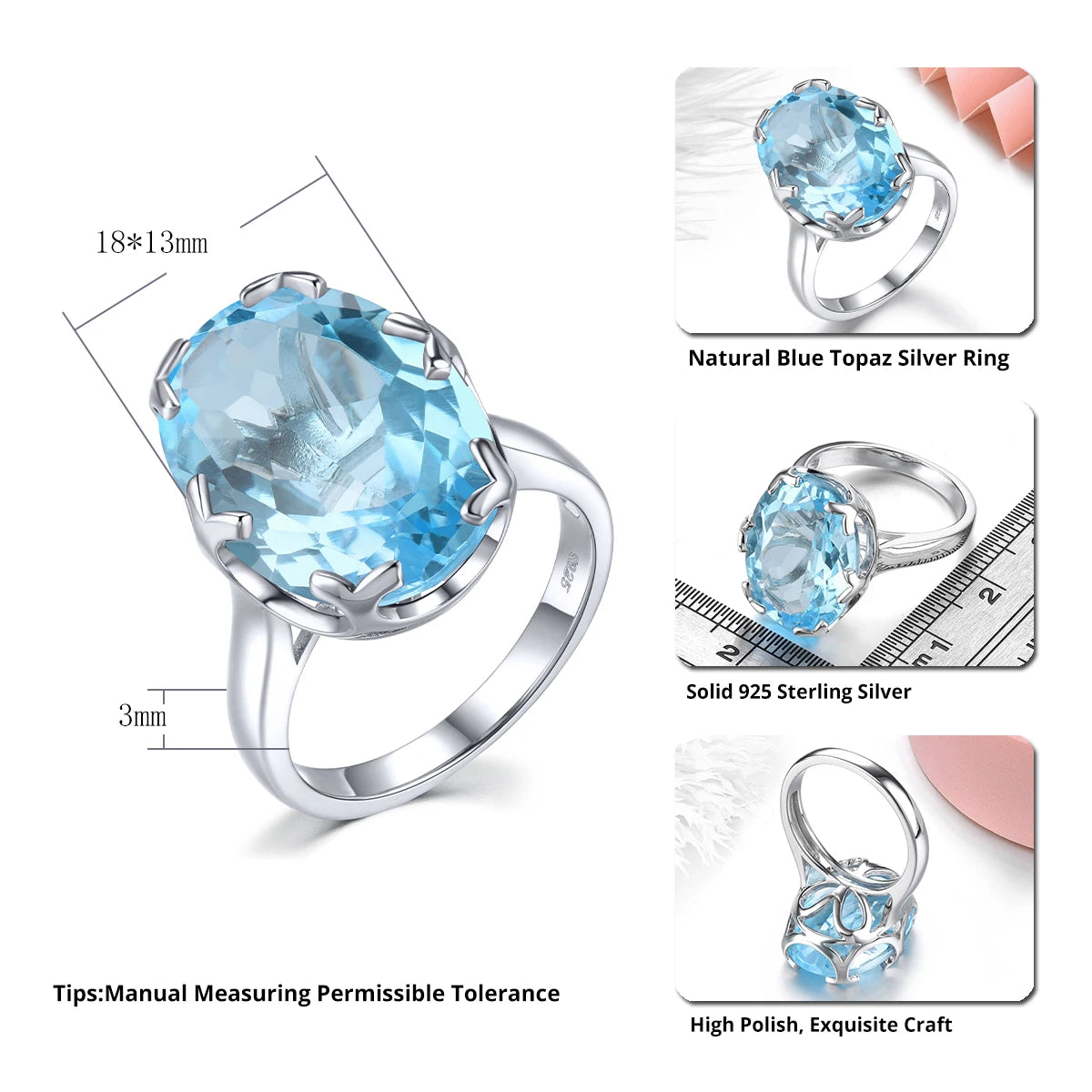 Natural Sky Blue Topaz Solid Sterling Silver Rings 15.8 Carats Faced Cut Precious Gemstones Classic Gorgerous Fine Jewelrys