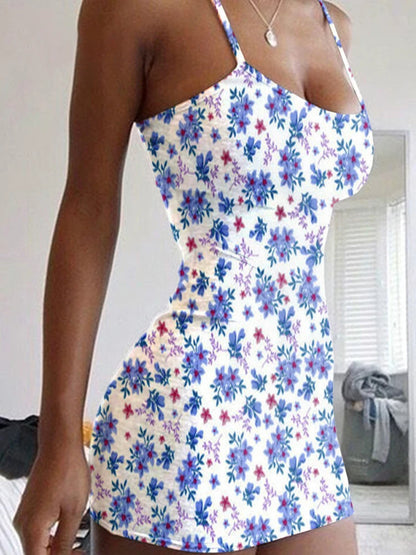 Plus Size Dresses Summer New Print Backless Slip Dress Women's Sexy Slim Floral Dress Mini Dresses Package Buttocks Short Skirt