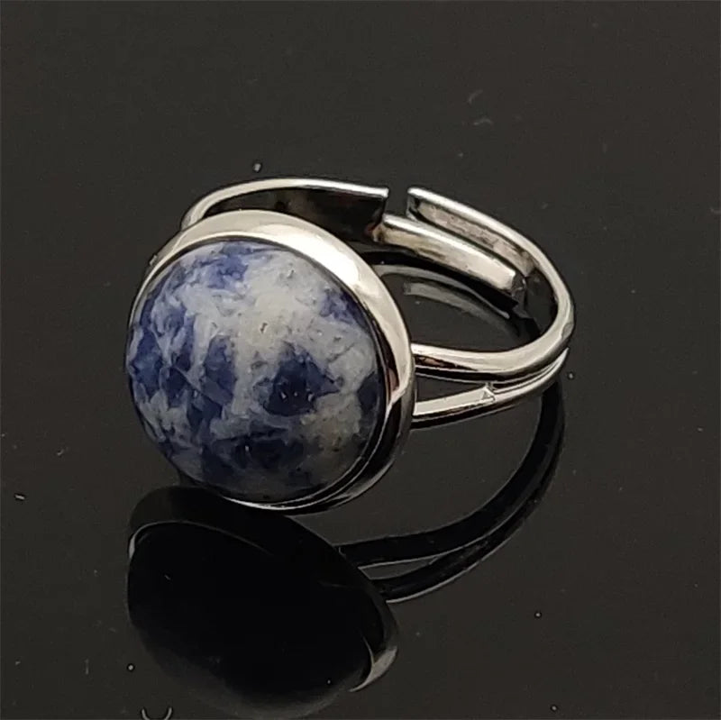 12mm Round Healing Natural Stone Ring Tiger Eye Opal Pink Crystal Adjustable Joint Ring for Women Jewelry
