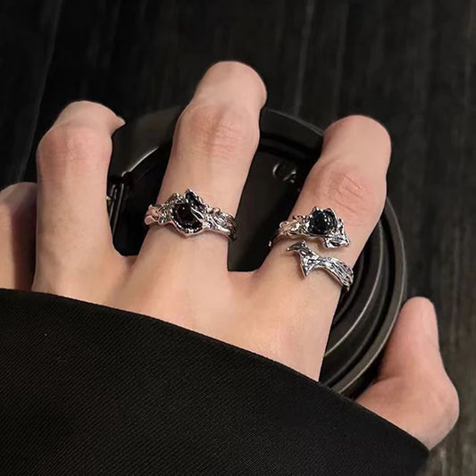 Gothic Irregular Gemstone Ring Aesthetic Girls Adjustable Black Stone Ring Women's Liquid Punk Ring Vintage Jewelry Accessories