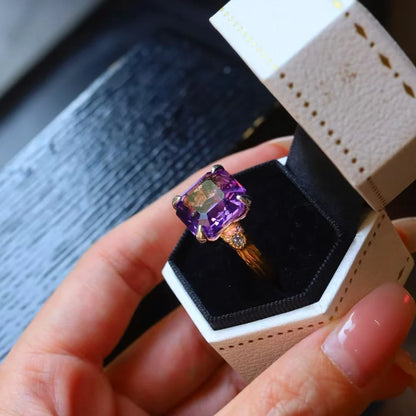 Trendy Natural Amethyst 925 Silver Ring Asscher Gemstone 11mm for Women Jewelry Gift,Elegant Gemstone Engagement Party Band