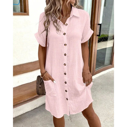Summer Simple V-neck Button Up Dress Woman Cotton Linen White Short Sleeved Pocket Casual Solid Loose Shirt Mini Dress 2025