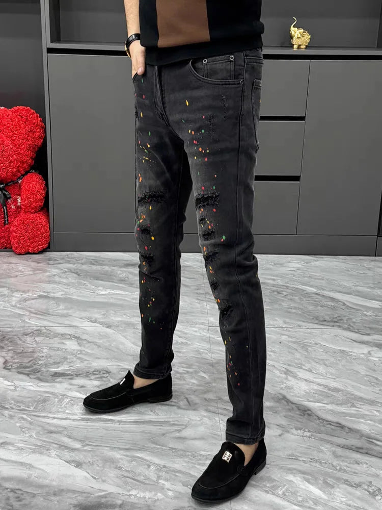 New High Quality Men's Clothing Casual Slim Pencil Pants Distressed Paint Patch Color Ink Graffiti Designer Long Jeans Trousers